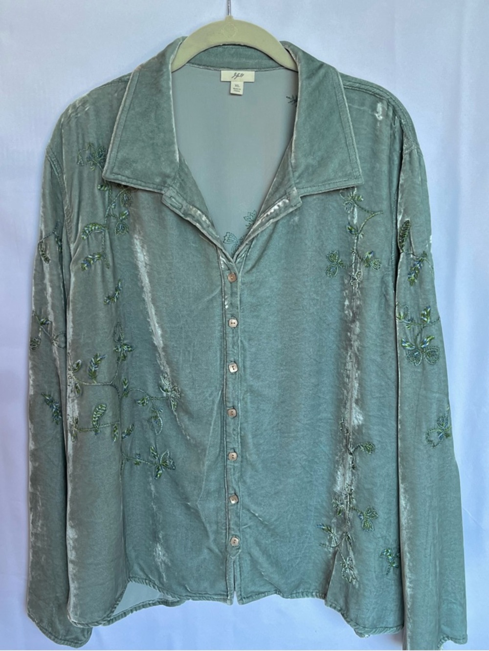 J. Jill Light Sage Velvet Top with Intricate Embroidery and Beading.